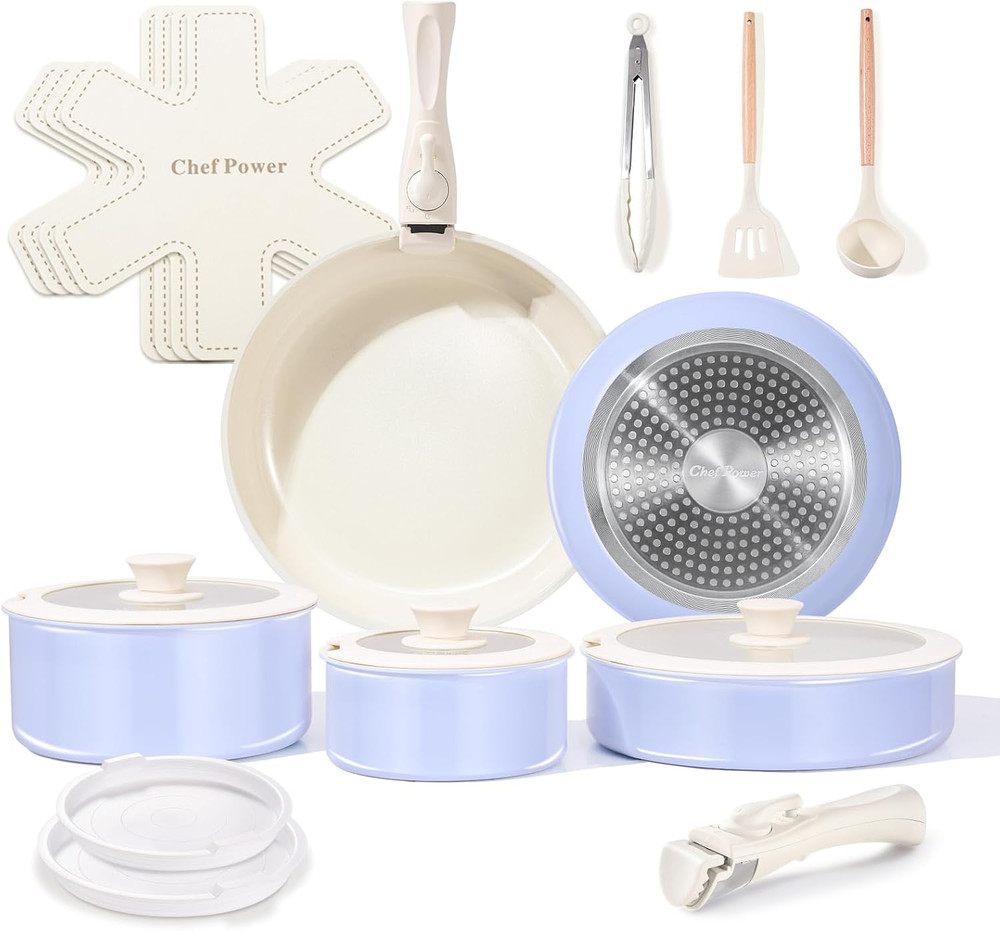 Ceramic Nonstick Cookware Set with  Detachable Handle 19Pk Set Light Purple