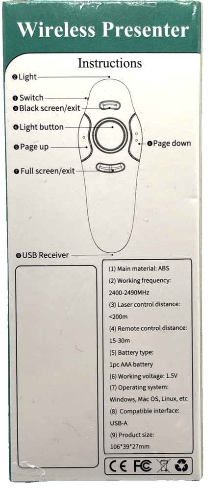 Wireless Presenter for PowerPoint Presentations USB Dongle Presenter WP08-R