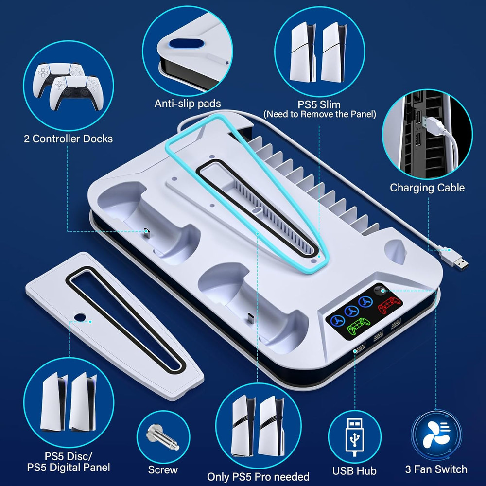 Ps5/Slim/Pro Cooling Station with Controller Charging Station for Sony Console P