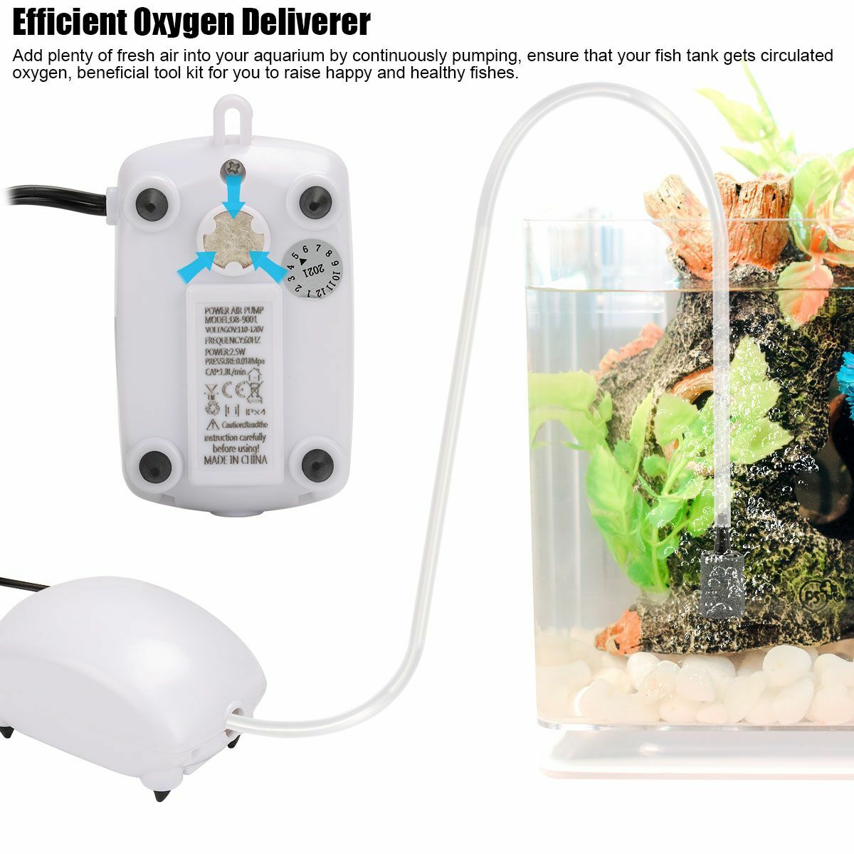 Aquarium Air Pump Adjustable Output Aquarium Bubble 2.5w Ultra Quiet Air Pump US