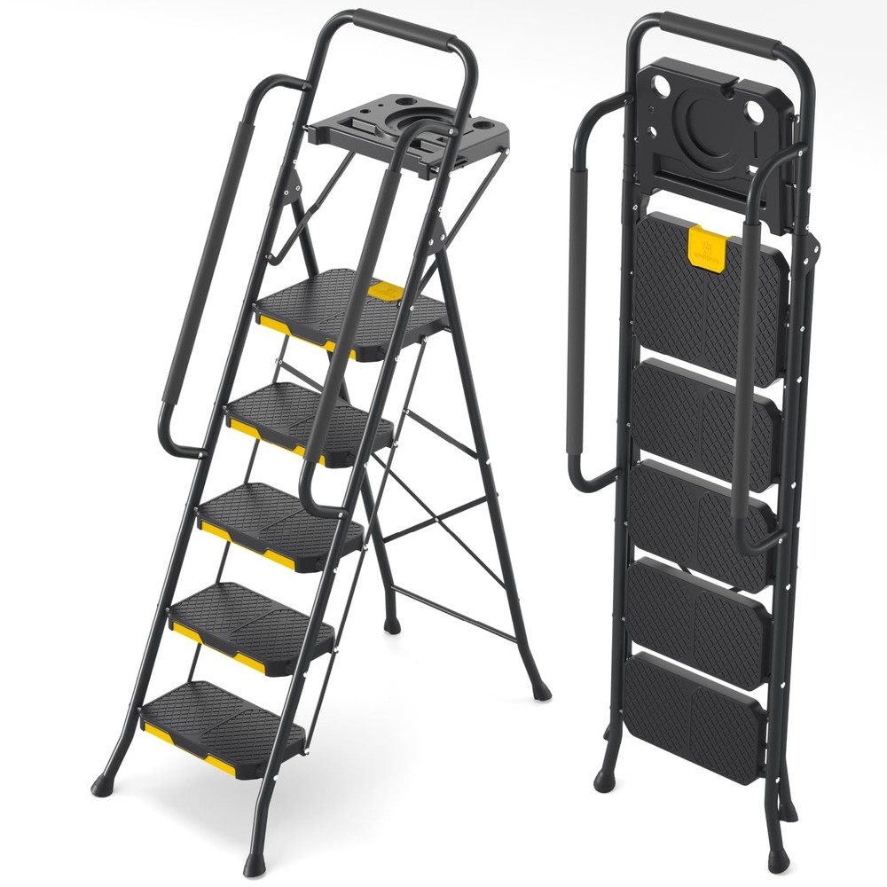 KINGRACK 5 Step Ladder with Tool Platform, Folding Step Stool with Handrails,...