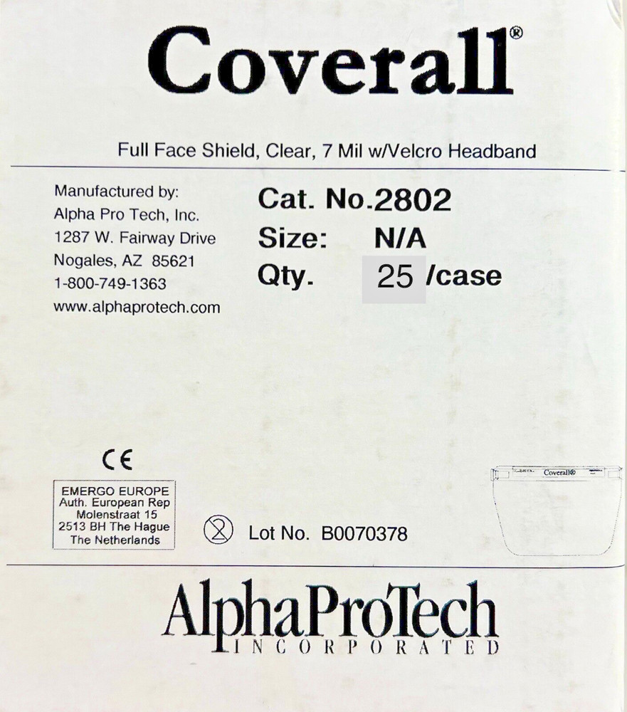 Safety Full Face Shield, Coverall Alpha ProTech 2802, Clear, 7 Mil, 25/case