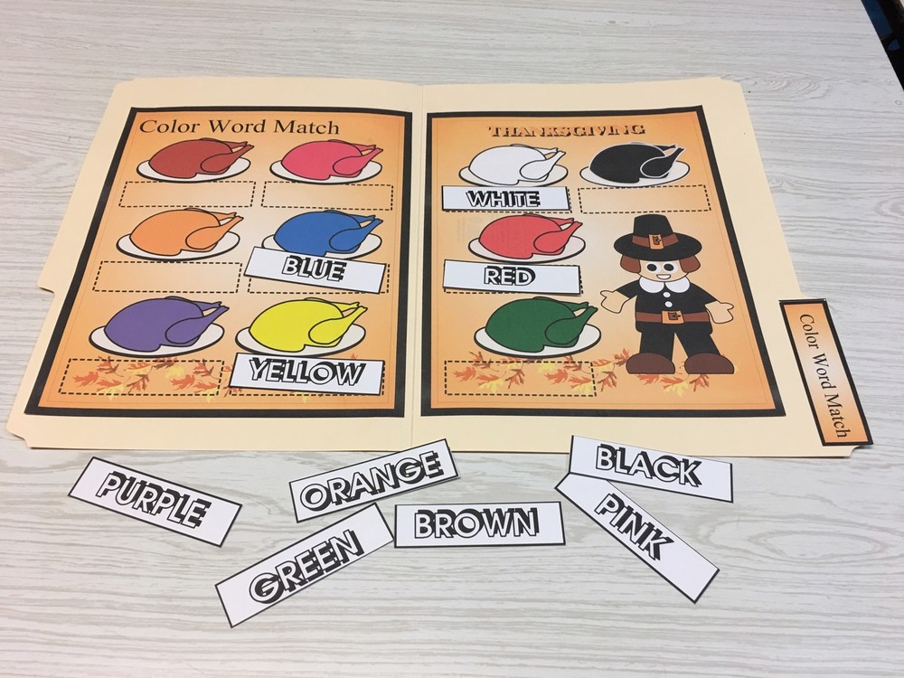 Thanksgiving - File Folder Game - Activity Set - Color Words Match