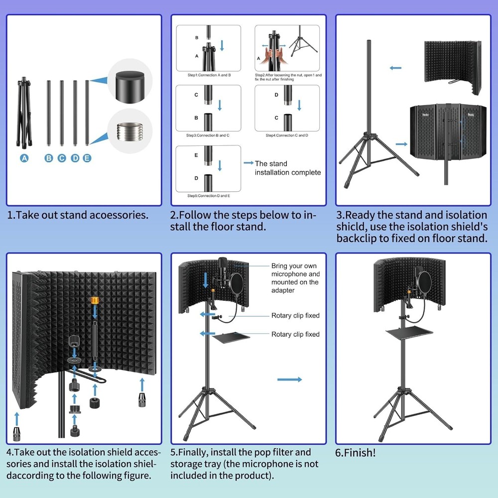 Microphone with Pop Filter & Tripod Stand, Foldable Mic Shield with Triple So...
