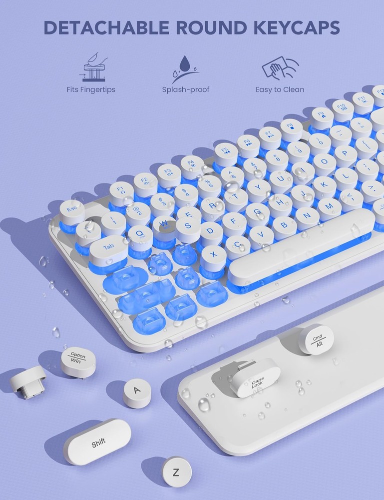 Wireless Keyboard and Mouse Backlit Typewriter Keyboard with Retro Round Key...