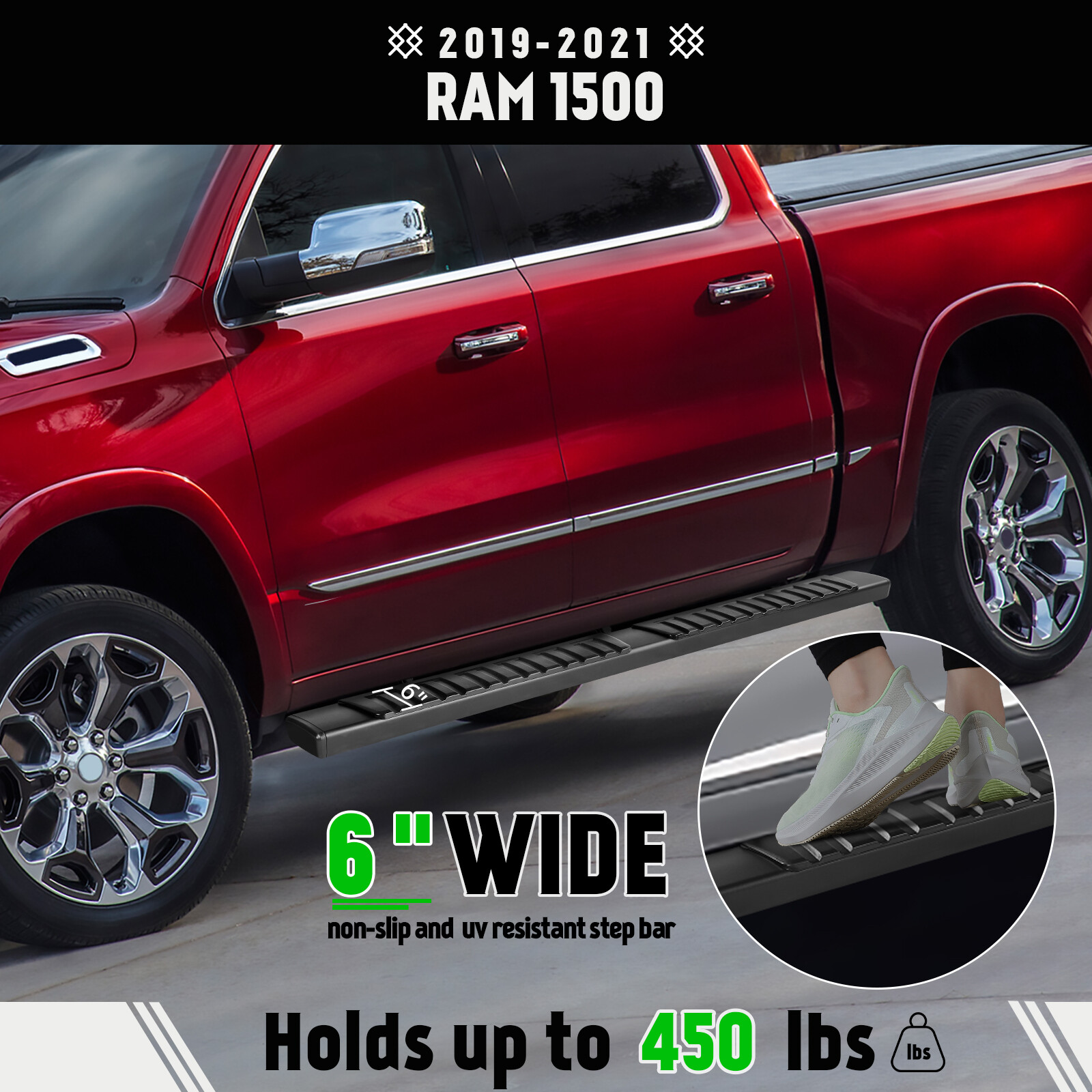 For 19-23 Dodge Ram 1500 Crew Cab 6Ft Running Board Side Step Bars