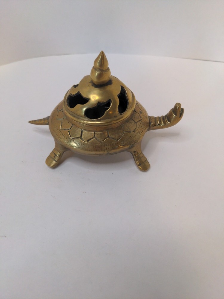 Vintage Small Heavy Solid Brass Engraved Turtle Incense Burner With Lid