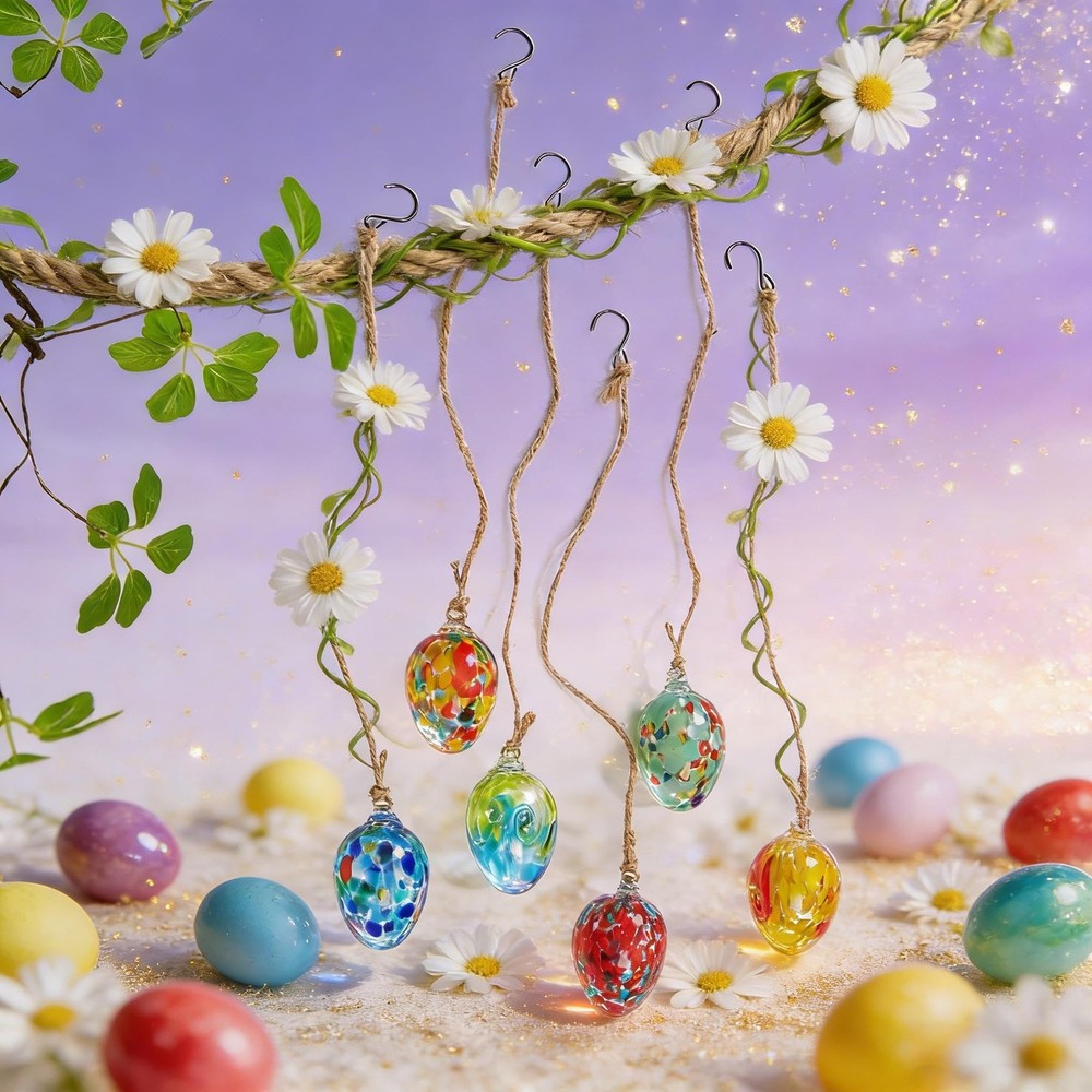 6pcs Colorful Hanging Easter Decorations Hand Blown Glass Easter Eggs Hanging...