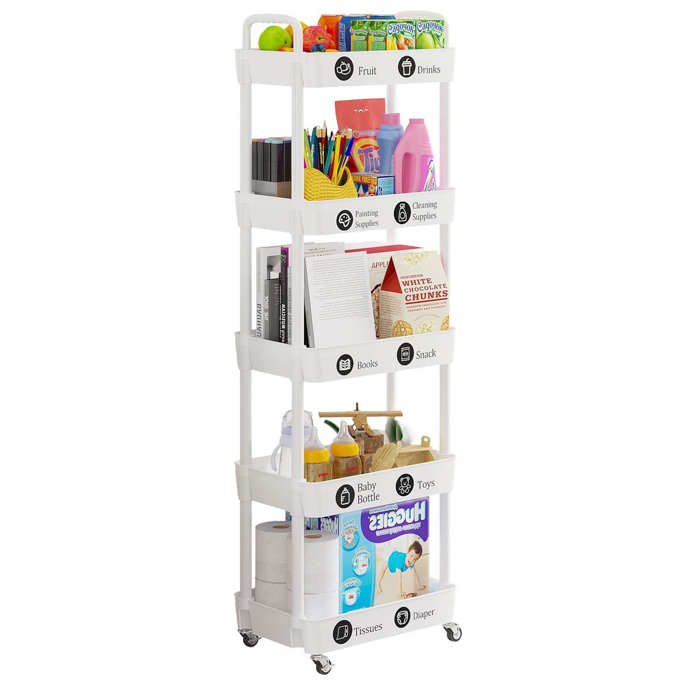 5-Tier Rolling Cart with Wheels,Multifunction Utility Storage Carts, Kitchen ...