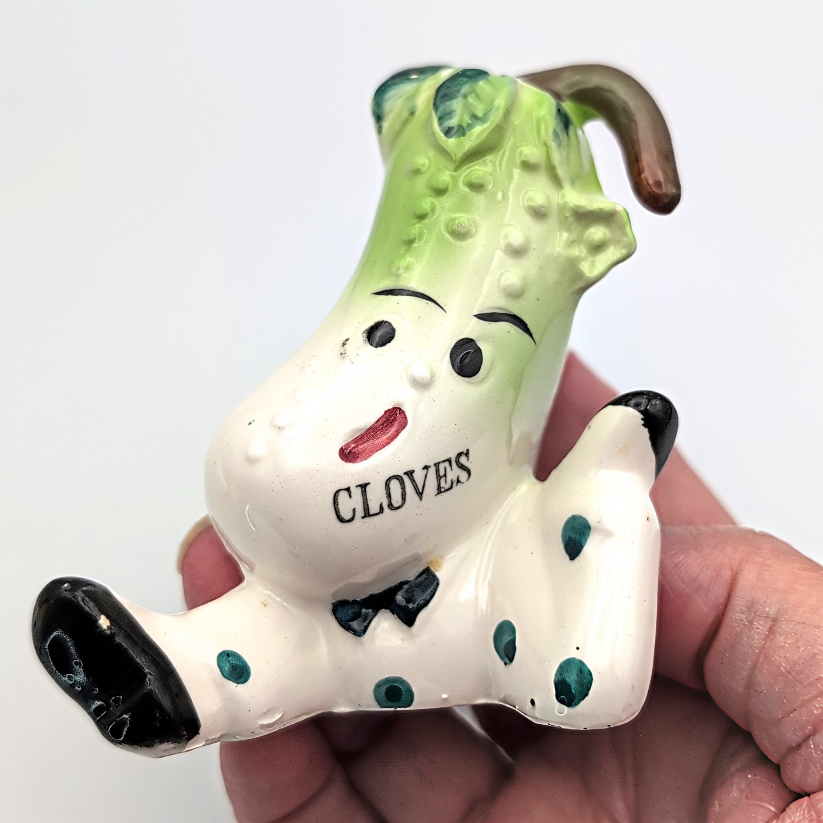 Vtg Japan Anthropomorphic "Allspice" Pear & "Cloves" Pickle Ceramic Spice Shaker