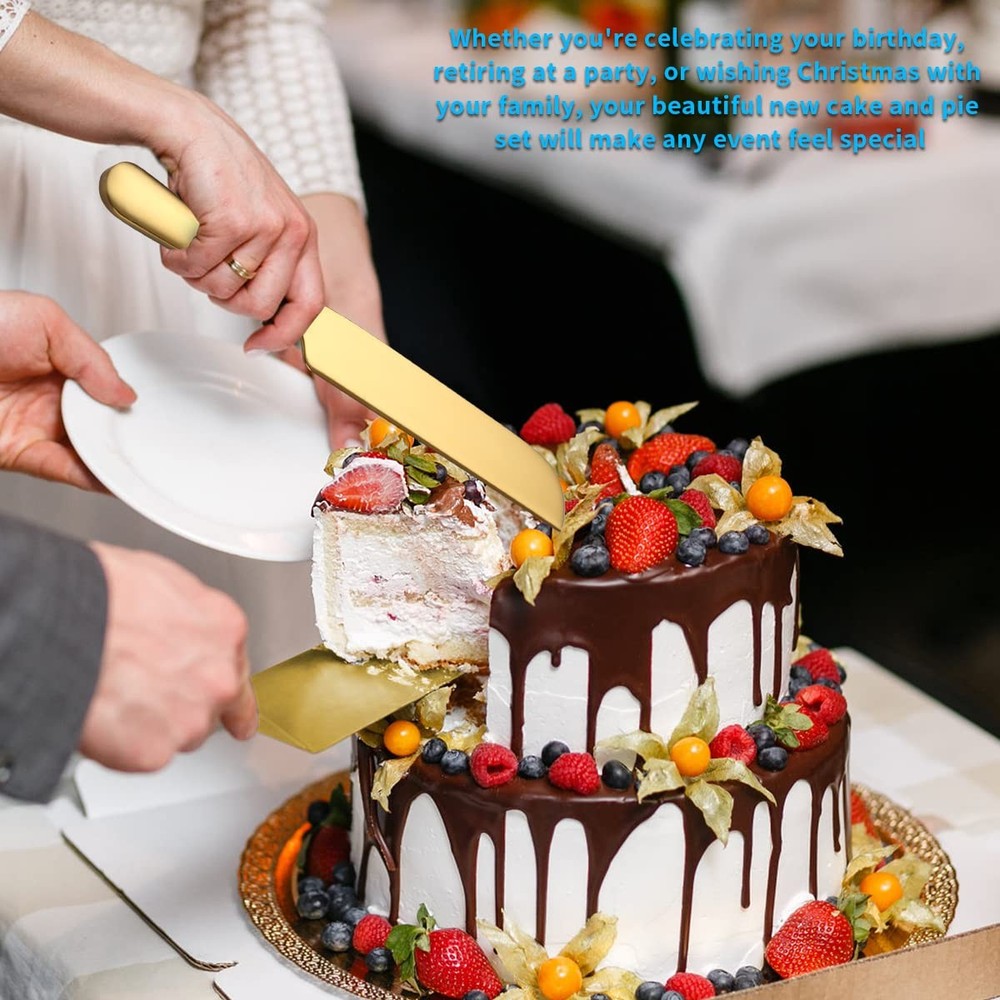 Wedding Cake Knife and Server Set, Gold Titanium Plating Stainless Steel Cake...