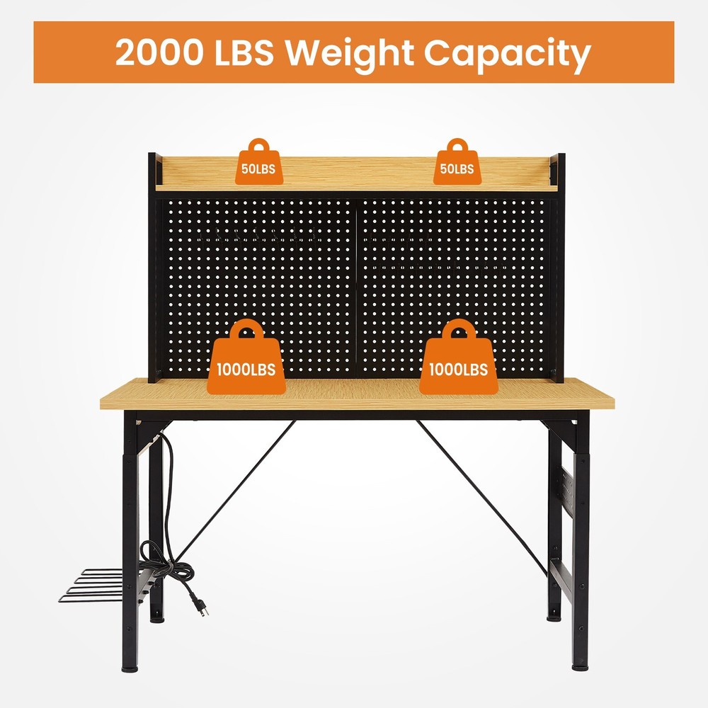 48"L Heavy-Duty Adjustable Workbench W/ Pegboard & Power Outlets Multifunctional