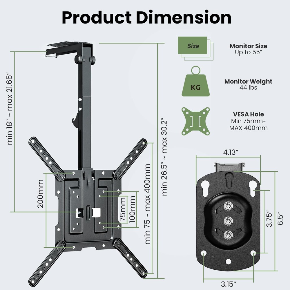 Adjustable Ceiling TV Mount - 23-55'' Flip Down, Swivel, Max Load 44 lbs