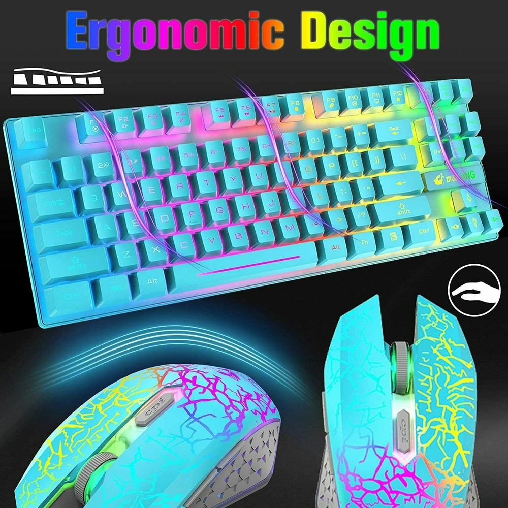 US Rechargeable Wireless Gaming Keyboard Mouse Combo 87 Key Rainbow LED Backlit