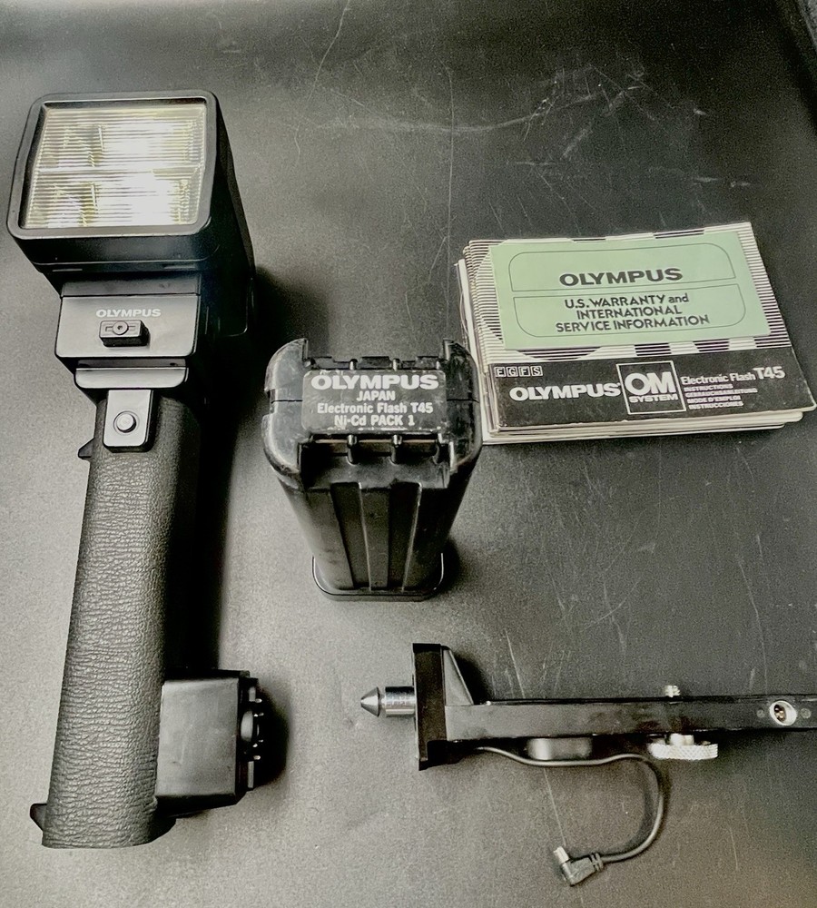 Olympus OM Manuals, System Chart, T45 Electronic Flash w/ bracket & battery