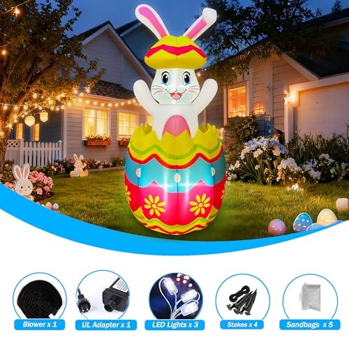 Pop Up and Down 5 FT Easter Inflatables Bunny Outdoor Decorations, Easter