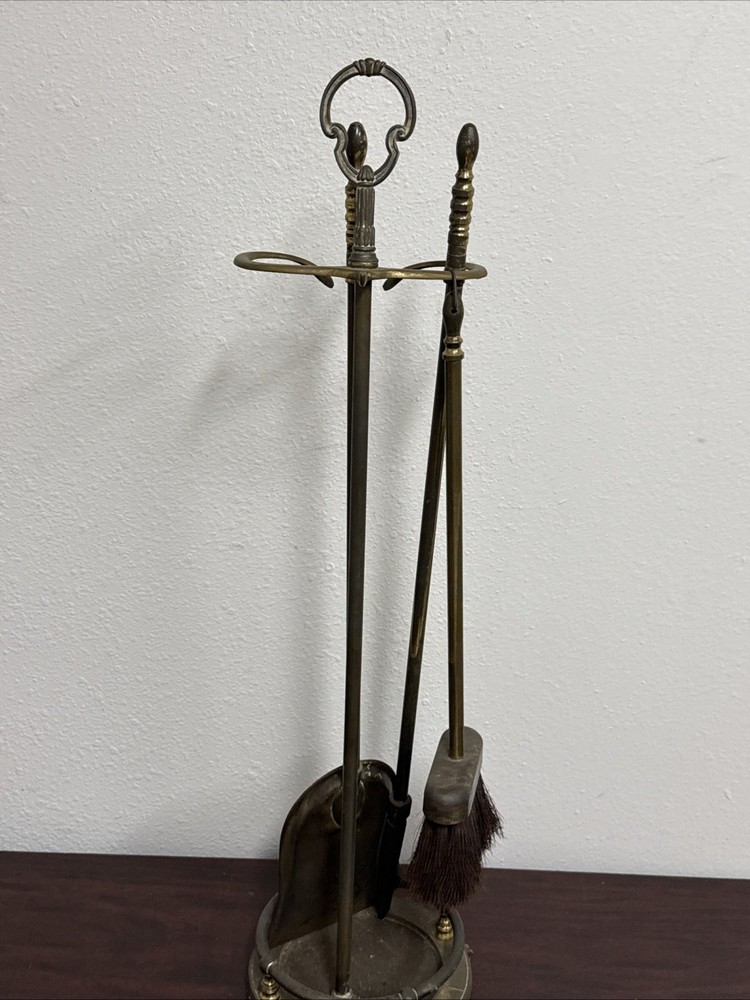 Vintage Solid Brass Fireplace Tool Set – Complete 4-Piece Hearth Set Nice Patina