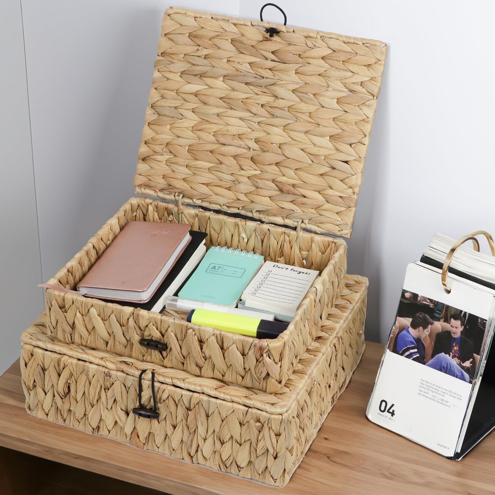 Water Hyacinth Basket with Lid, Rectangular Wicker Storage Basket Bins with L...