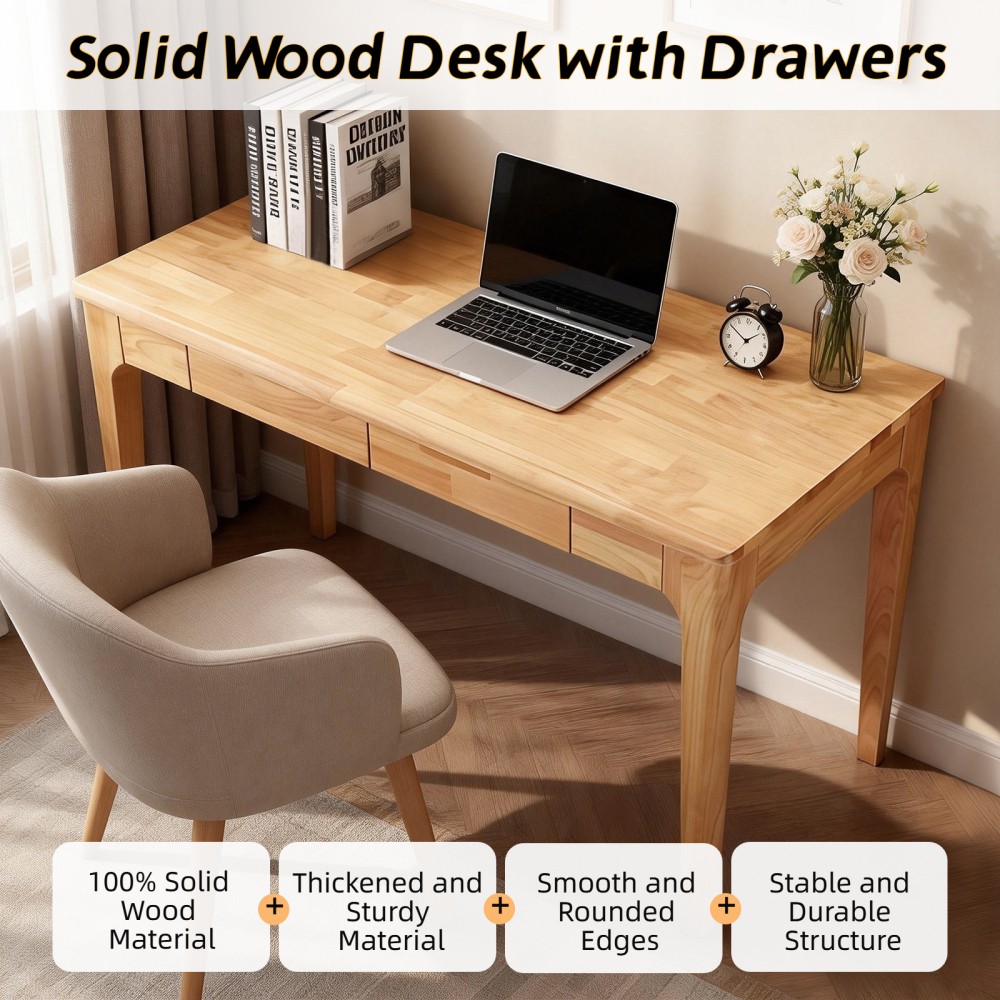 Modern Solid Wood Writing Desk with 2 Drawers, Compact Office Desk