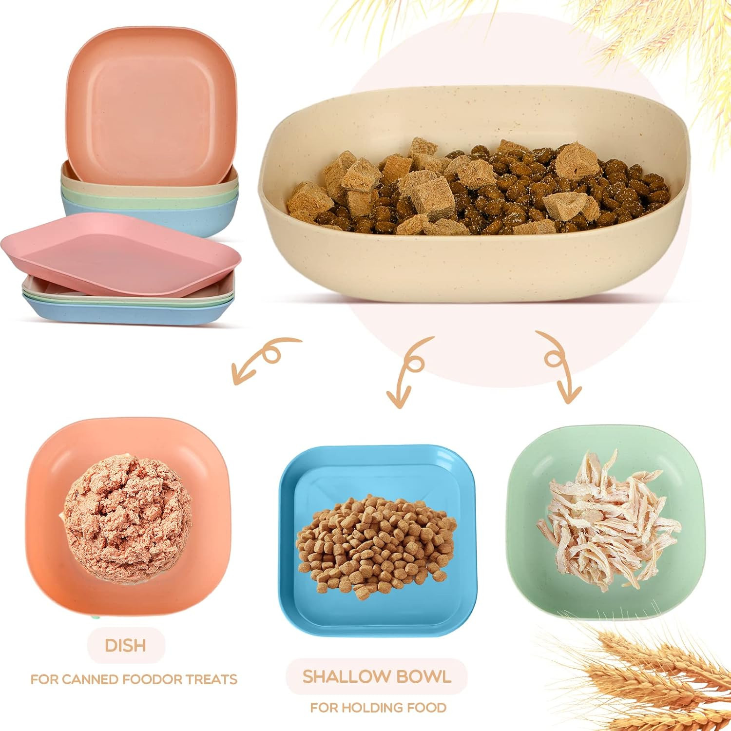 8 Pieces Cat Food Bowl Set, 6 inch Wide Shallow Cat Bowl for Relief Whisker Fati