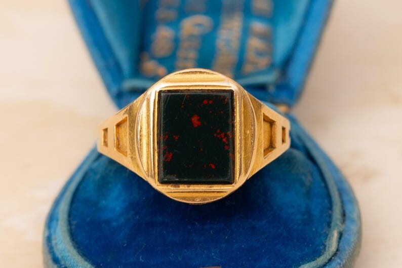 Vintage Bloodstone Signet Ring – Rectangular Gemstone Gold Plated Men's Ring