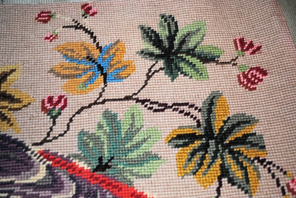 VINTAGE NEEDLEPOINT TAPESTRY PANEL, LARGE BIRD ON BRANCH