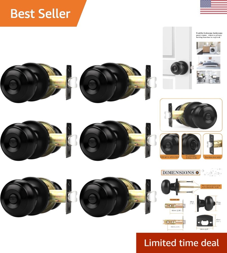Durable Matte Black Privacy Knobs for Home, 6 Pack, Easy Screw-in Installation