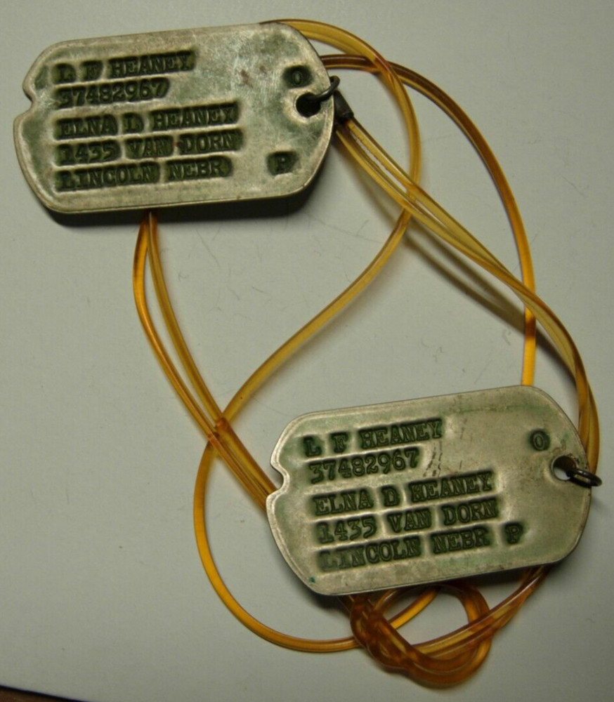 WW2 US Army Next of Kin Dog Tag Pair on Plastic - L F Healy 37482967 Lincoln Neb