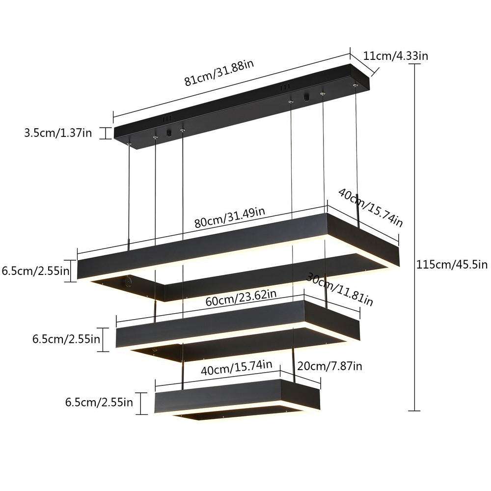 Modern LED Chandelier Light Rectangular Pendant Ceiling Light Lamp With Remote