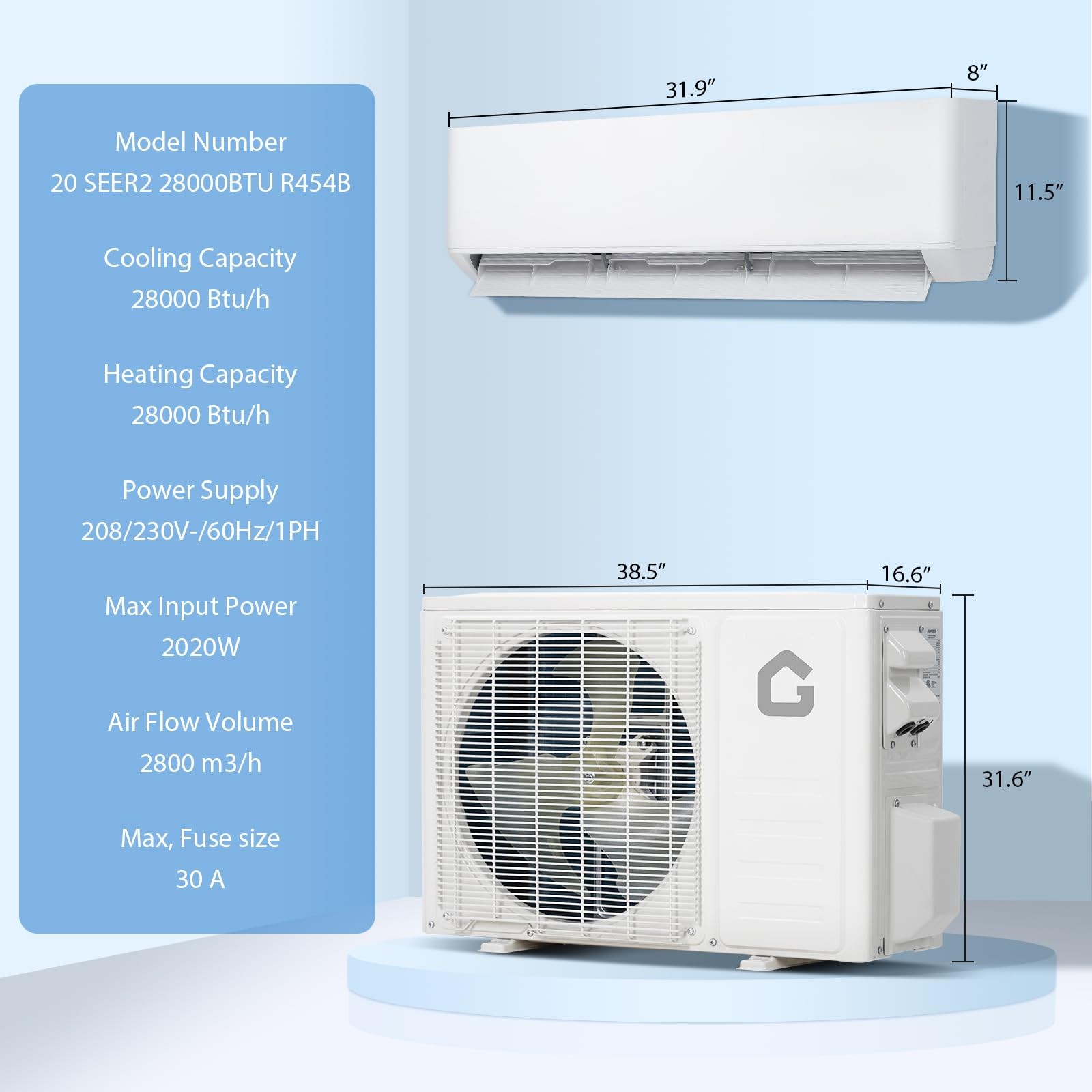 28000 BTU 3 Zone (9K+9K+18K) Mini Split Air Conditioner 20 SEER2 W/Heat Pump Wif