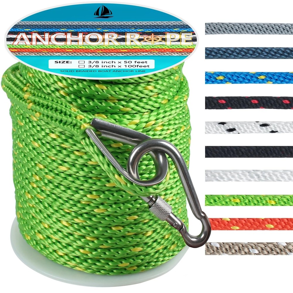 3/8 Inch 50 FT Anchor Rope, Boat Anchor Rope Solid Braid MFP, Anchor Line wit...