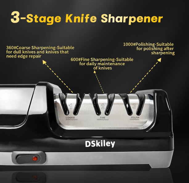 Electric Knife Sharpener – Pro 3-Stage Diamond System, 20° Angle (Black)