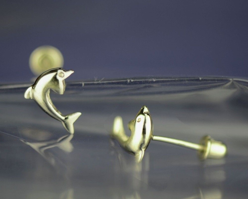 14k Yellow White Gold Dolphin Earrings