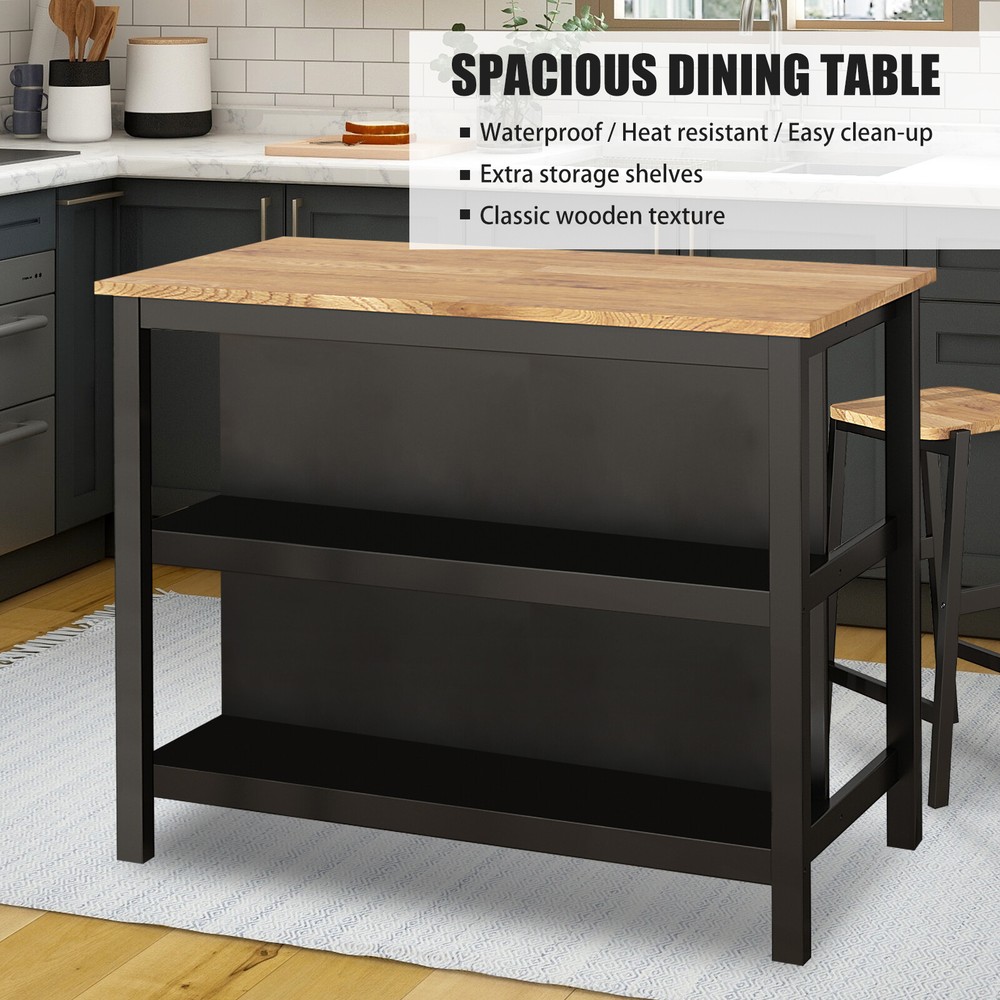 3PCS Dining Table Set Rustic Retro Breakfast Table Dining Stools with 2 Shelves