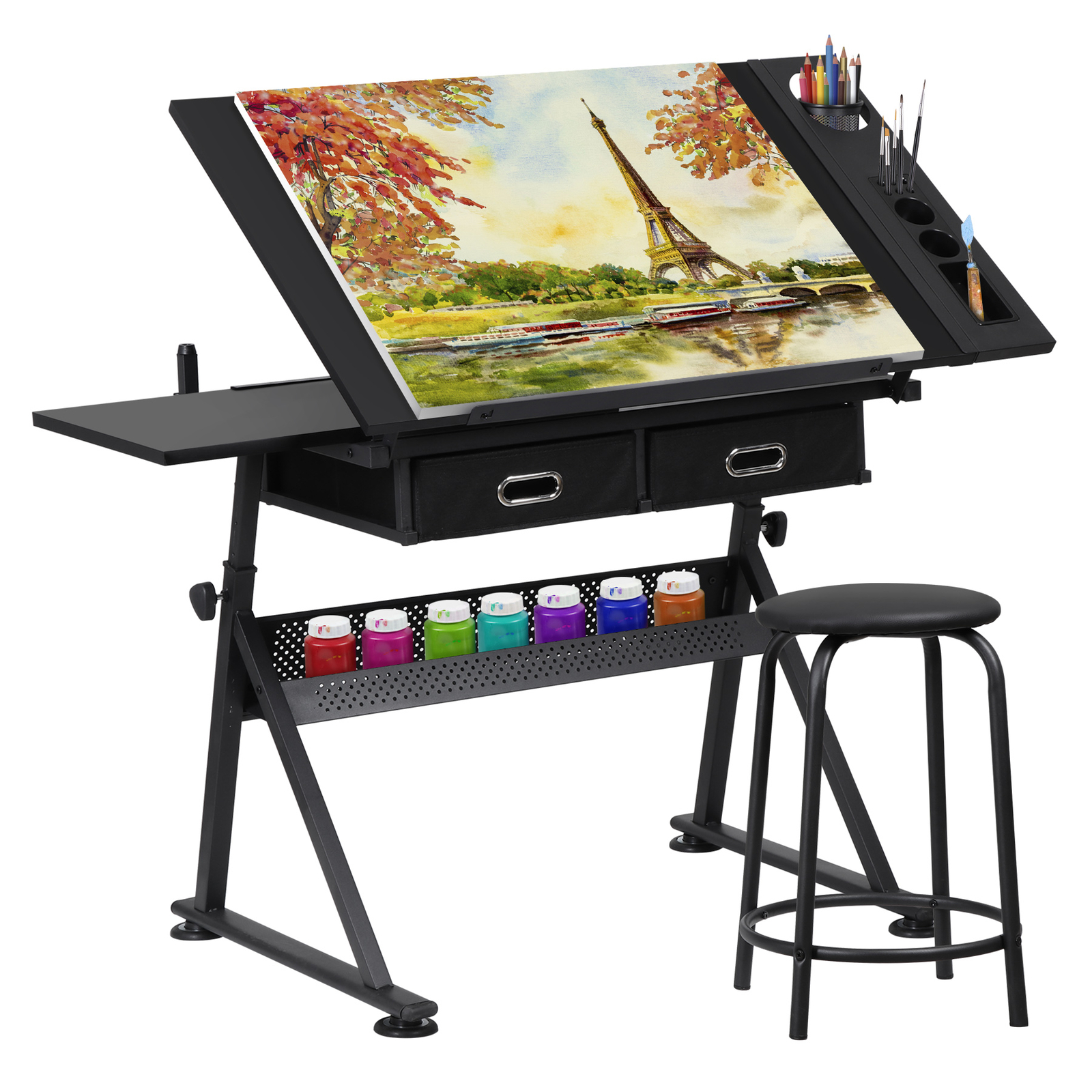 Drafting Desk for Artists Art Drawing Table w/Stool for Working Studying Black