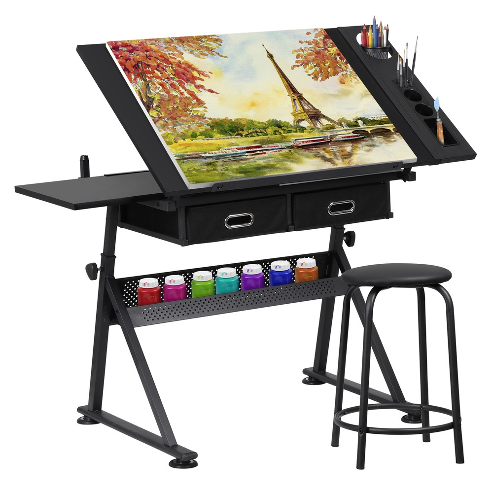 Drafting Table Art Desk Adjustable Height Drawing Table w/ 2 Drawers Stool Black