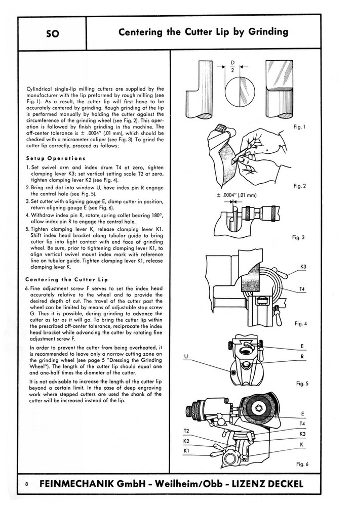 Deckel Single Lip Cutter Grinder SO Operating Instruction Manual #1590