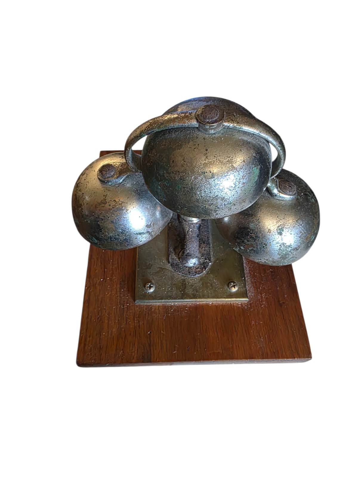Vintage Triple Desk Call Bell Chime Set Wood Base Metal Bells Patina