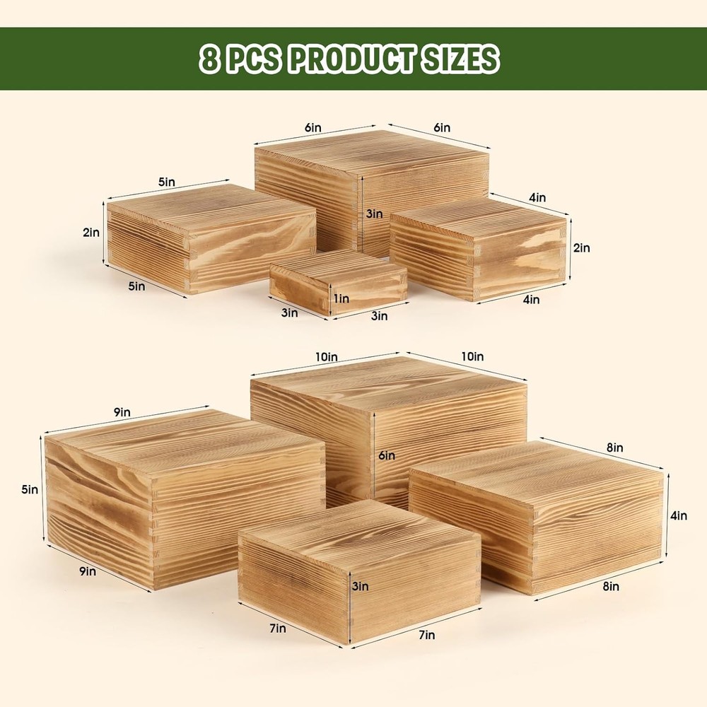 8-Pack Pine Wood Buffet Risers Multi-Size Nesting Cube Food Display Stands