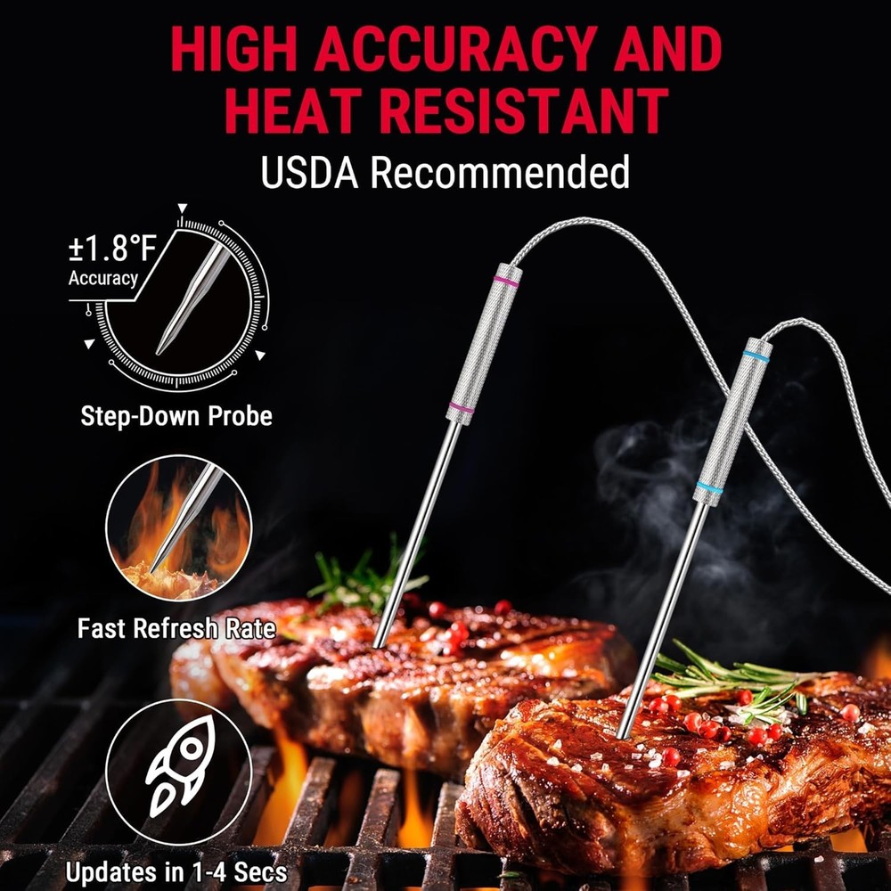 4 Probe Wireless Meat Thermometer – 1000ft LCD Display for Ultimate BBQ Control