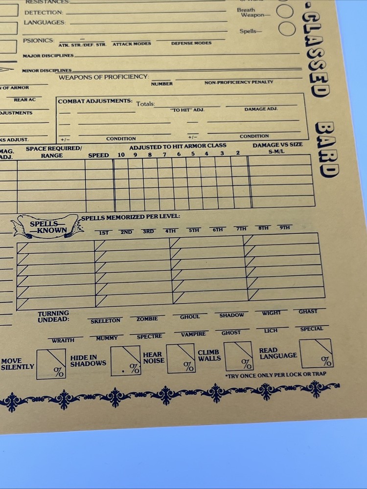 Original AD&D Player Character Record Sheet—Multi Classed Bard Light Use
