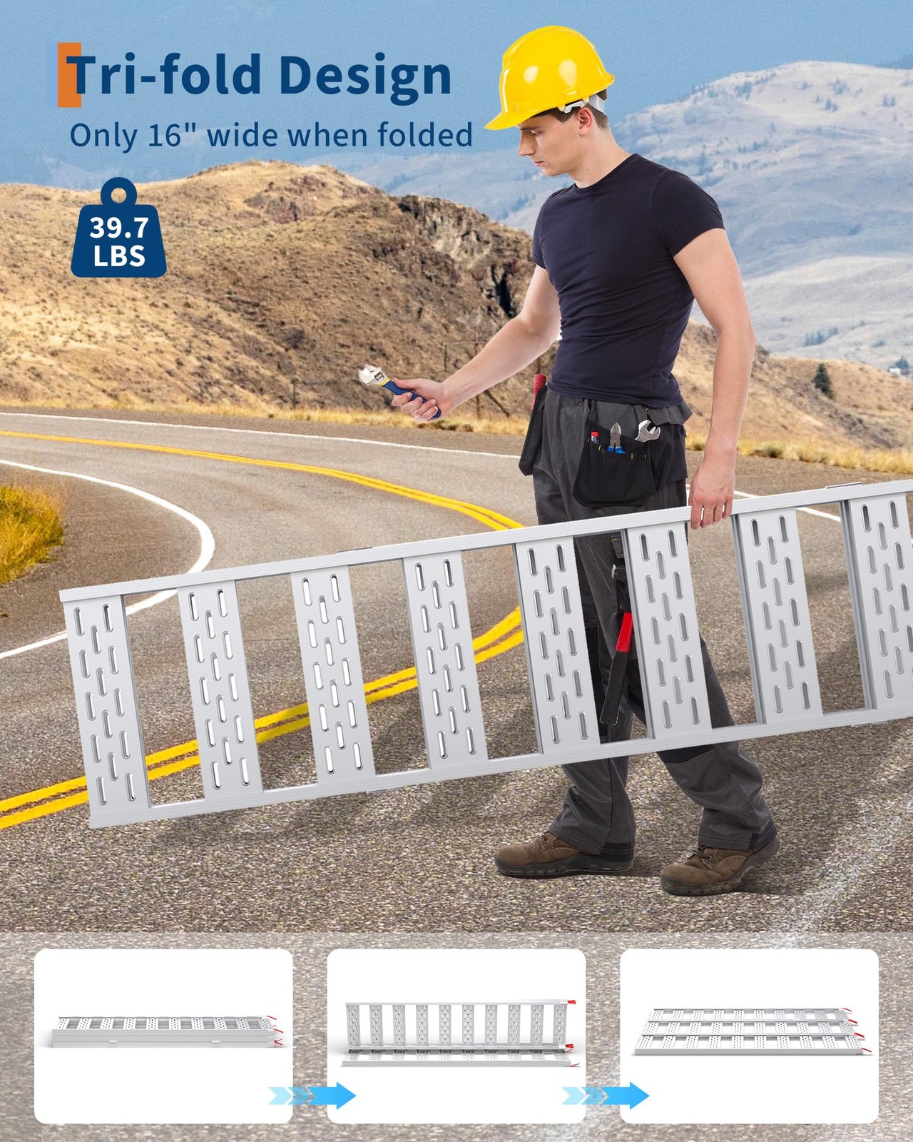 76x50" Tri-Fold Aluminum Truck Loading Ramp 1500 Lbs Heavy Duty ATV Ramp Pickup