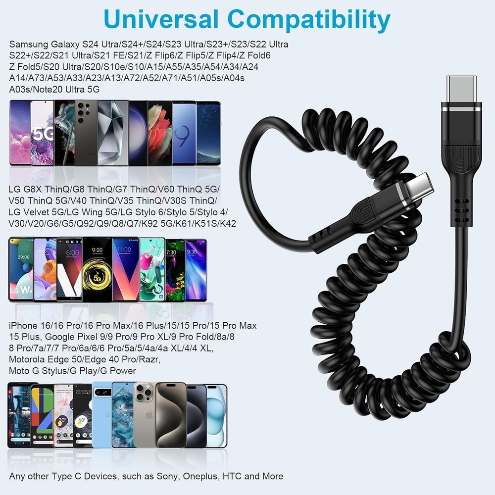 Retractable USB C Cable, 2Pack 3ft Coiled USB-C to C Cable 3FT, Black