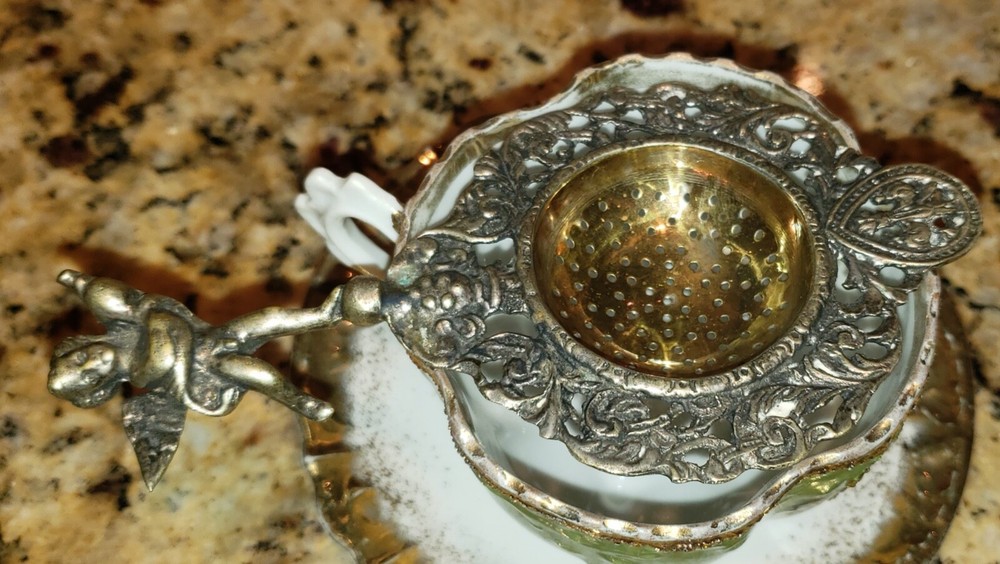 Ornate Antique Tea Strainer - Etched - Unknown Origin - see pics Cherub handle