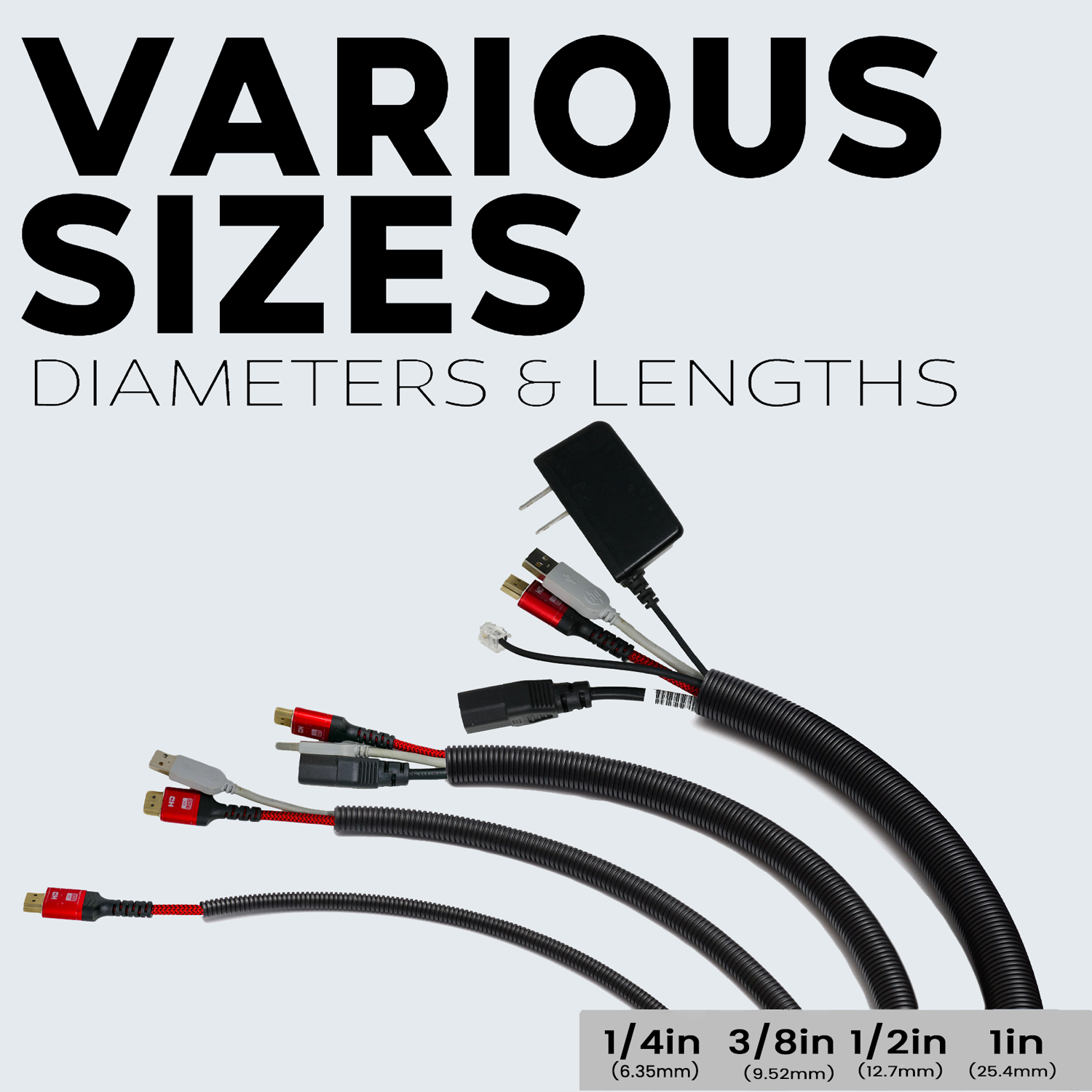 1/4" 1/2" 3/4" 20 Ft Split Loom Black Wire Harness W/ 7" Nylon Cable Ties