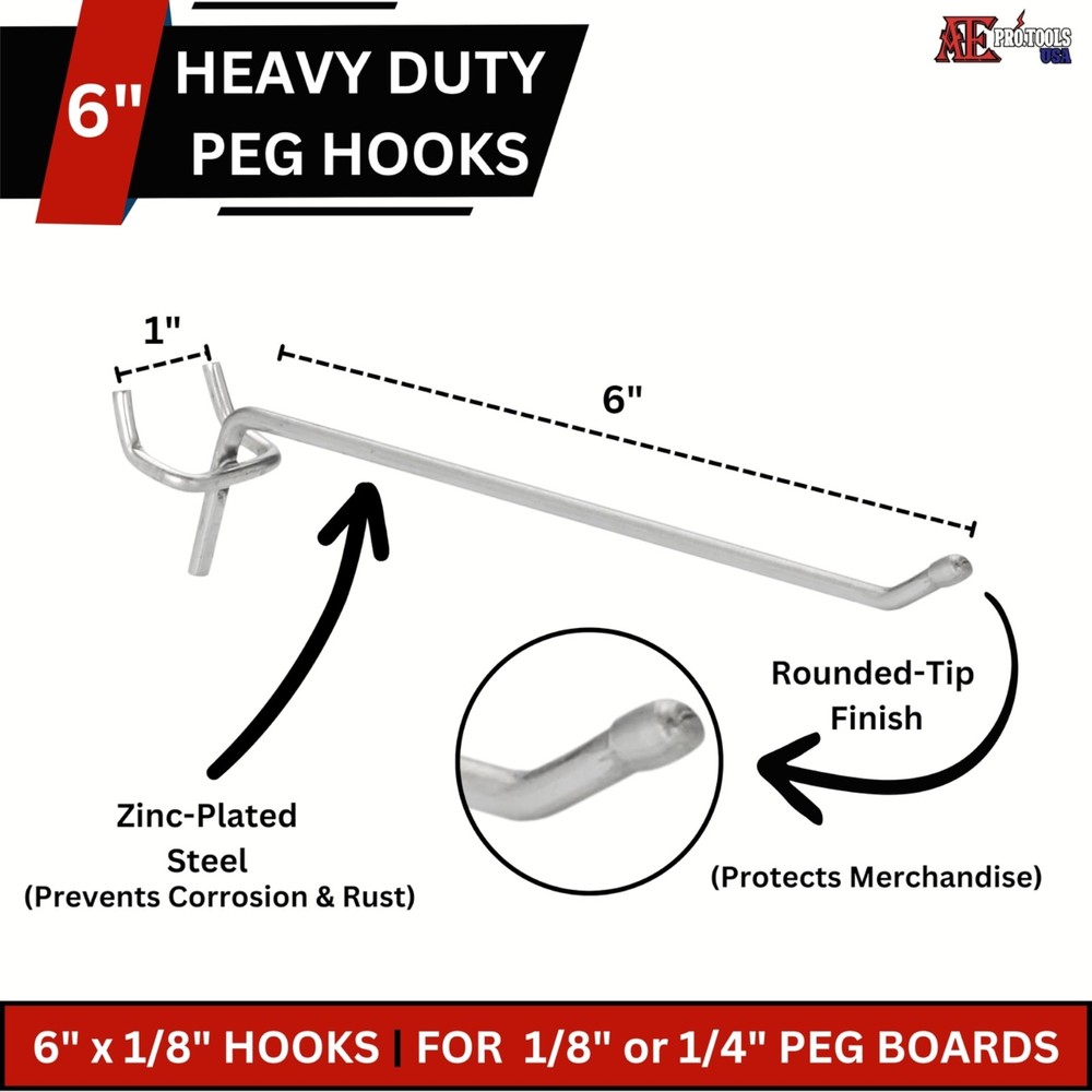 [100 Pack] 6" Pegboard Hooks | Tool Organization Hooks for 1/8" & 1/4" Pegboards