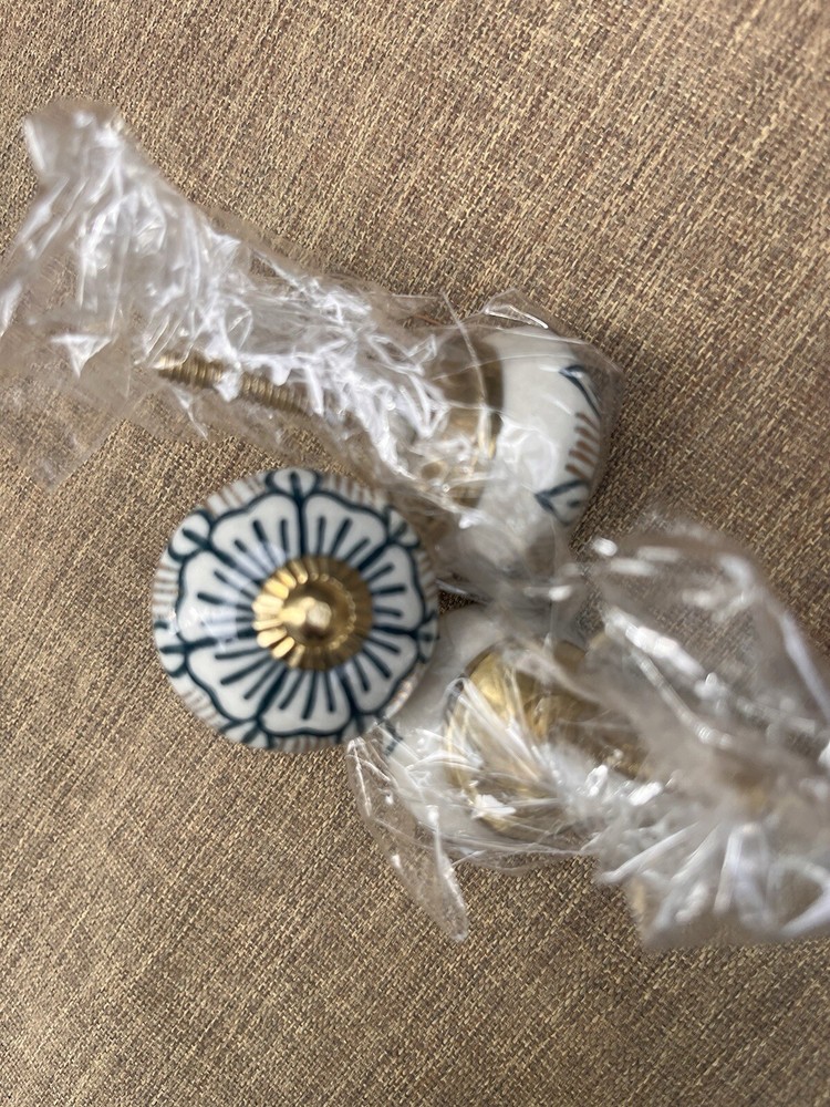 Ceramic Floral Drawer Pulls 3 Navy White Brass 2 Inches