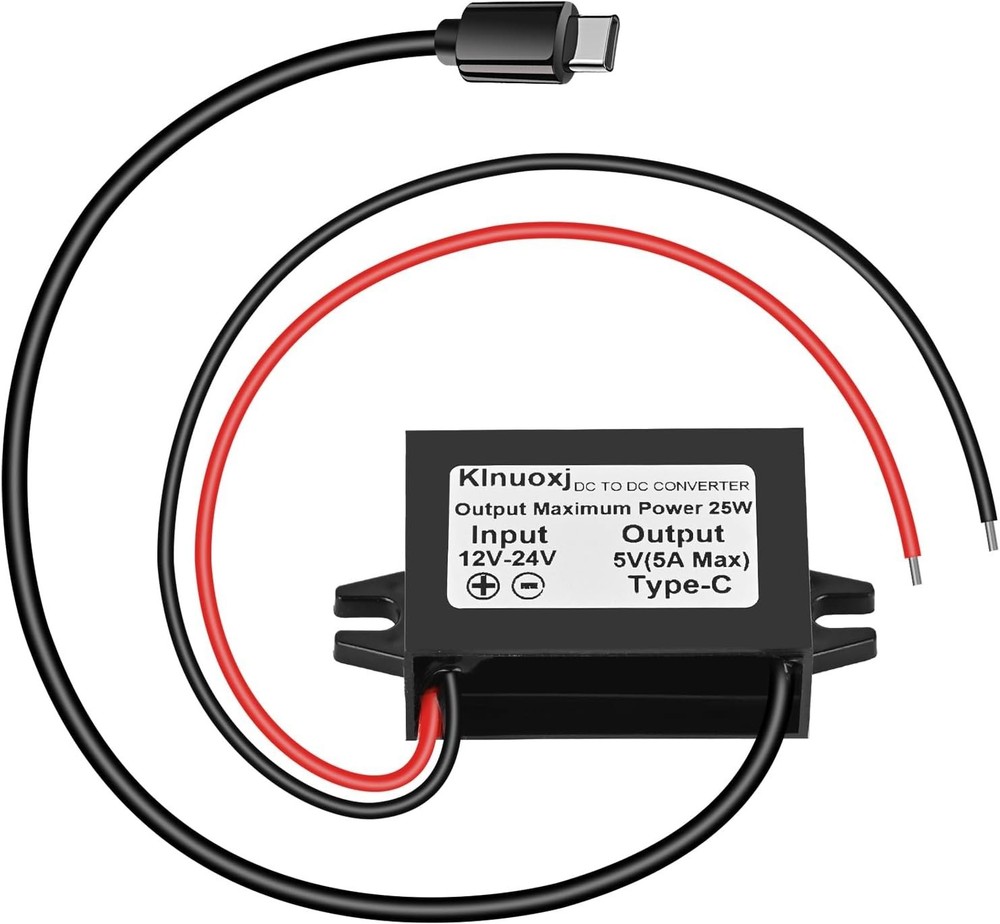 "DC 12V/24V to 5V USB C Step Down Converter Type-C Interface 5A 25W Waterproof.