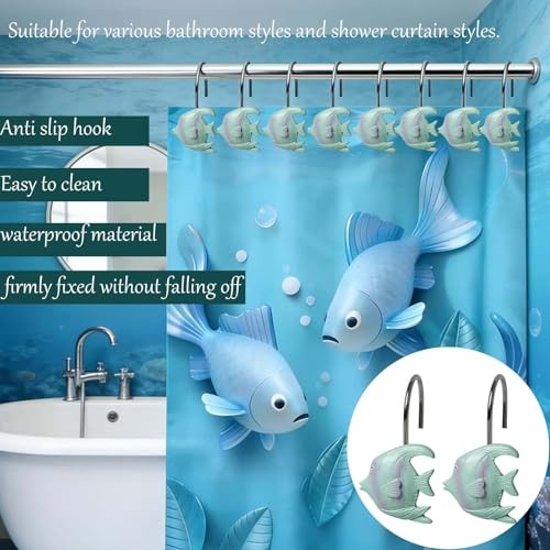 Fish Shower Curtain Hooks -12 PCS Resin Rust Proof Nautical Beach Theme Shower
