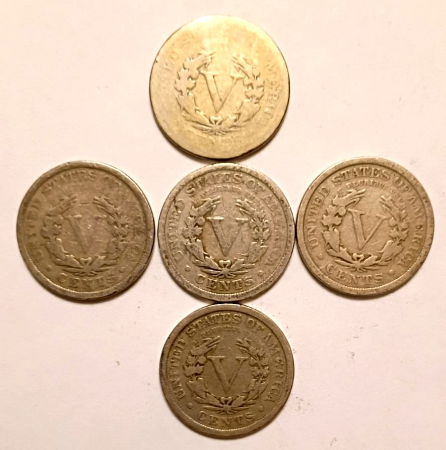 Liberty Head "V" Nickels Lot #31-1905, 1908, 1910, 1911, 1912